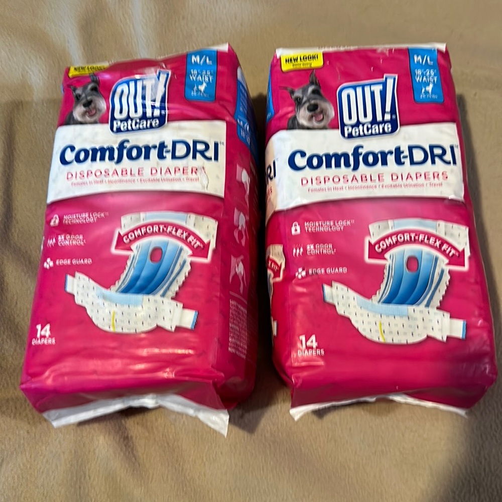 NWT 2 Packs of 14 female dog diapers from Out! Petcare- comfort-Dri Disposable